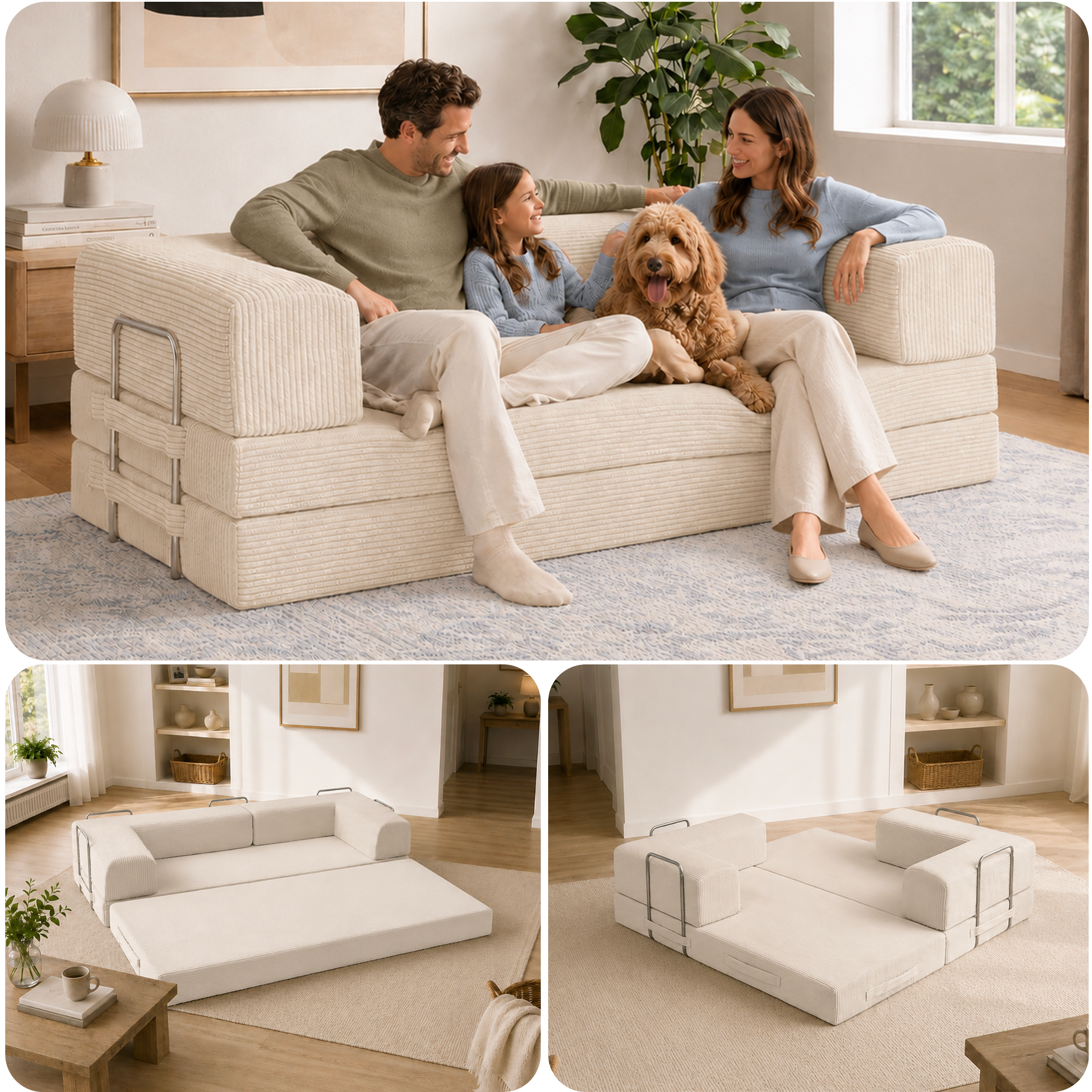 Split image of cream boneless couch in 3 different forms.