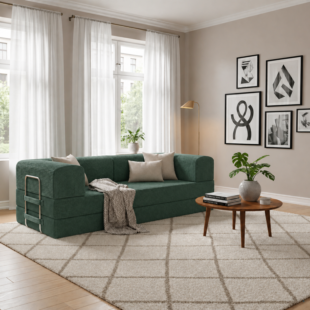 Green boneless modular couch in living room.